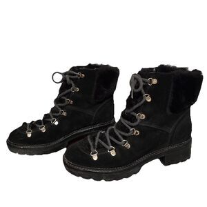 Marc Fisher Women's Black Leather Faux Fur Winter Lace Up Boots 8M